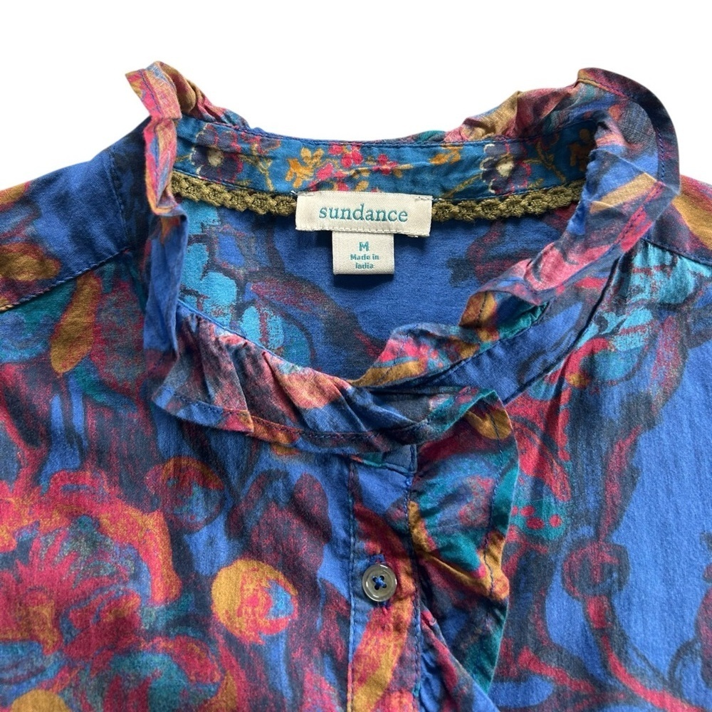 Sundance Sz M Abstract Floral Blouse Boho Western Ruffle Collar Cotton Button Up - Picture 4 of 11